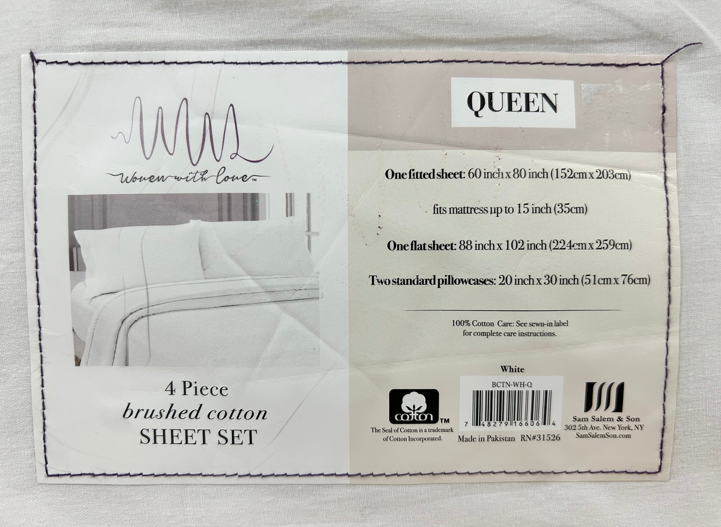 Queen White 100% Cotton 4pc Sheet Set by Woman With Love